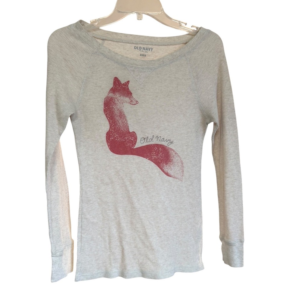 Old Navy Womens Oatmeal Waffle Knit Fox Graphic Thermal Long Sleeve Top Medium